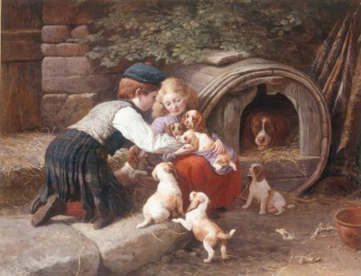 子犬と遊ぶ 作： John William Bottomley