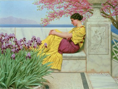 1917年、枝に垂れ下がる花の下で 作： John William Godward