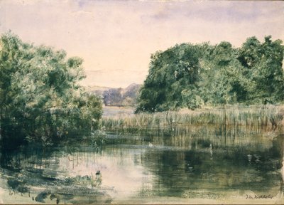 木々のある湖の眺め、1857年 作： John William Inchbold