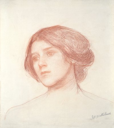 少女の頭（紙に赤いチョーク） 作： John William Waterhouse