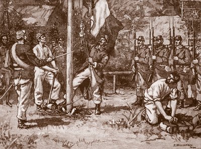 ニューヘブリディーズでのフランスの旗の掲揚、1886年、「カッセルの図解されたイングランドの歴史」（セピア写真）のイラスト 作： John Williamson