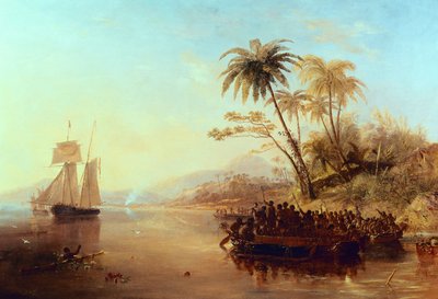 アウトリガーカヌーで島民が迎えた南太平洋のイギリスの測量船、1840年頃 作： John Wilson Carmichael