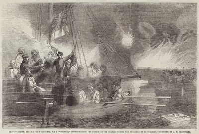 グラスキャプテンとチーフエンジニアであるHMS Vultureは、スヴェーボーグ爆撃中の迫撃砲の修理を監督しました。 作： John Wilson Carmichael
