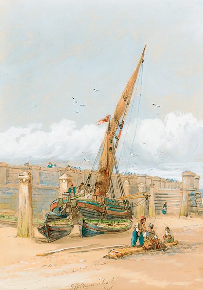 浜辺の船の前でうわさする漁師、1846年 作： John Wilson Carmichael