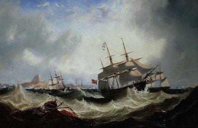 ジブラルタル沖の大海原で船を出す 作： John Wilson Carmichael