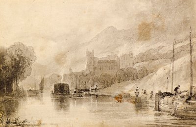 艀（はしけ）と廃墟の城のある川の風景 作： John Wilson Ewbank