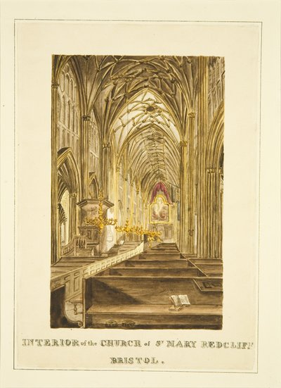 ホガースの祭壇画を示すセント・メアリー・レッドクリフの中央通路の東側の眺め、1824年頃（紙に鉛筆と水彩画 作： John Withers