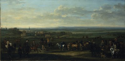 人物と馬がヒースの上にいるオールド・ニューマーケットの風景（油彩・キャンバス 作： John Wootton
