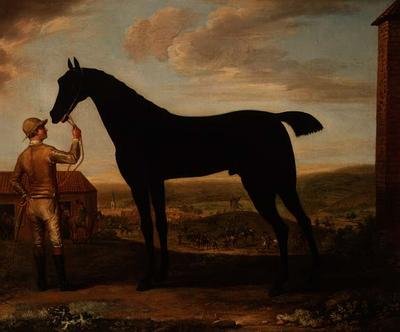 厩舎の外で新郎に抱かれるダークベイの競走馬「Basto」（ニューマーケット 作： John Wootton