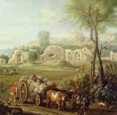 廃墟の修道院を通過するヘイカート、c.1740-50（キャンバスに油彩） 作： John Wootton
