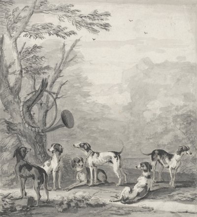 風景の中の猟犬（グラファイト、ペン、茶色のインク、灰色のウォッシュ） 作： John Wootton