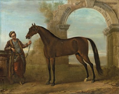 台無しにされたアーチのある風景の中で、新郎が所有するゴドルフィンアラビアン、1731年 作： John Wootton