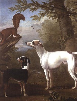 木の切り株に乗ったリスに惹かれる2匹のスポーツ犬 作： John Wootton