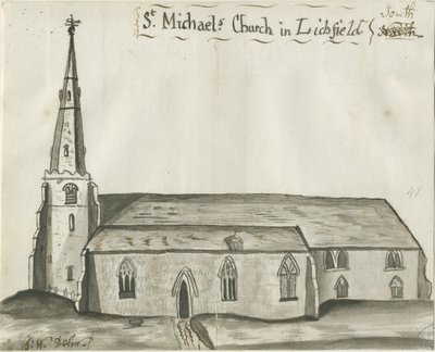 リッチフィールド-聖ミカエル教会：セピア色のデッサン、nd [1784]（デッサン） 作： John Wright