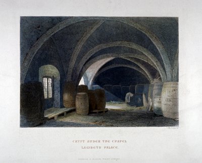 1851 年、ロンドン、ランベス パレスのチャペルの下にある樽で満たされた地下室。 作： John Wykeham Archer