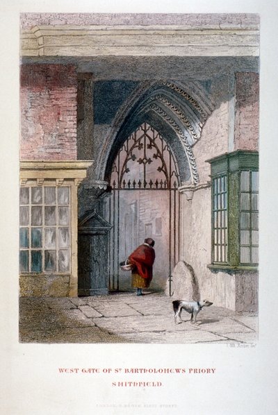 1851年、シティ・オブ・ロンドンのスミスフィールドにある旧聖バーソロミュー大修道院の西門 作： John Wykeham Archer