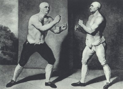 1741年、イギリスの初期の素手のボクサー、John Broughton（左）とGeorge Stevensonの戦い：Broughtonはボクシンググローブを発明した（メゾチント 作： John Young