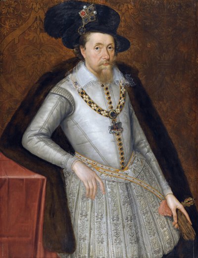ジャック6世と1世 - ジャック・スチュアート - イングランド王ジェームズ1世（1566-1625）の肖像 par John De Critz (Decritz), the Elder (1551/2-1642), 17世紀初頭 - 木に油彩。 作： John de Critz