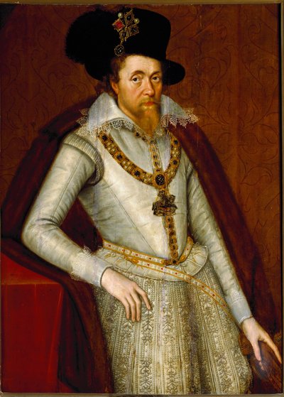 ガーター勲章の騎士であるイングランドのジェームズ1世とスコットランドのジェームズ6世の肖像 1610年頃（絵画 作： John de Critz