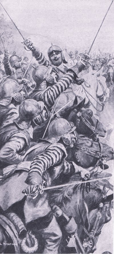 エッジヒルの戦いでの騎兵隊の関与、1642年10月23日、イギリスと陸海の戦い1915年のイラスト 作： John de Walton