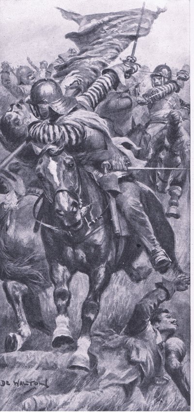 1642年10月23日、エッジヒルで王の標準を取り戻すLieutenat John Smith、1915年の陸と海での英国の戦いのイラスト 作： John de Walton