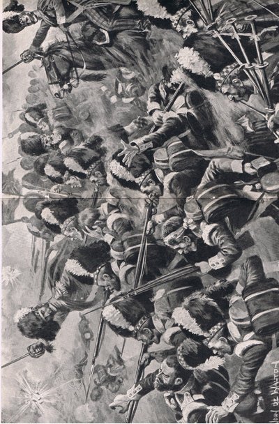 アルマの戦い、1854年9月20日：第93ハイランダーズの前進、1915年の陸と海でのイギリスの戦いのイラスト 作： John de Walton