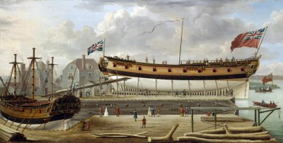 乾ドック入りのイギリス海軍軍艦、6等艦（シックス・レート）。造船所はテムズ川南岸のロザーハイト（イギリス）と思われる 作： John the Elder Cleveley