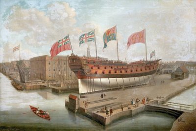 デプトフォードの王立造船所のメイン倉庫前のドックに停泊するHMS「バッキンガム号」（イギリス） 作： John the Elder Cleveley