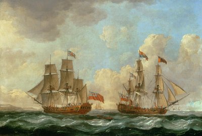 海岸沖の2つの位置にあるペレグリン、1766 作： John the Elder Cleveley