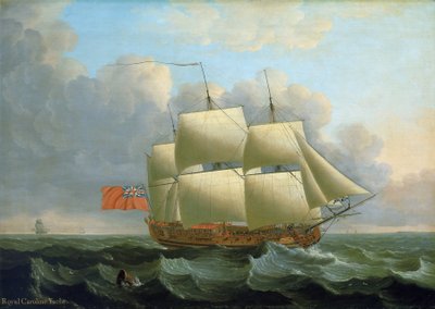 1749年にデプトフォード（イギリス）で建造された「ロイヤル・キャロライン号」。キャンバスに油彩 作： John the Elder Cleveley