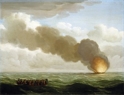 1727年6月25日、救命ボートに乗り、公海に沈む灼熱の船を見つめるガレー船「ラックスボロー」の乗組員たち。 作： John the Elder Cleveley