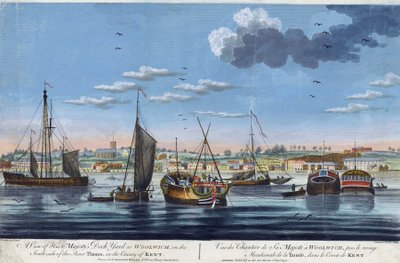 テムズ川左岸、ケント州ウリッジの王室ドックの眺め。ジョン・クレヴェリー・ザ・ヤンガー（1747-1786）による彩色エッチング。 作： John the Younger Cleveley