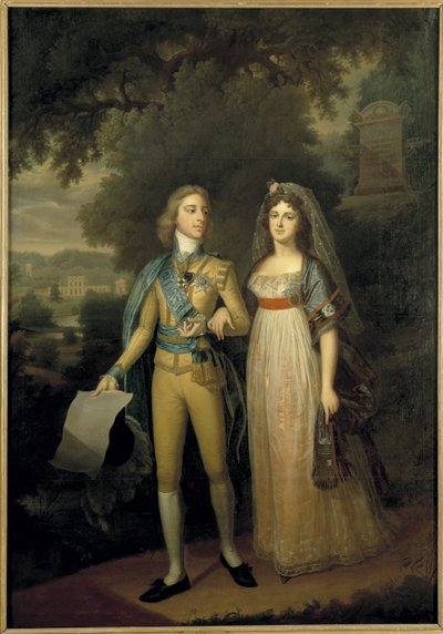 Gustave IV Adolphe de Suede - スウェーデンのグスタフ 4 世アドルフ (1778-1837) とバーデンのフレデリカ ドロテア ヴィルヘルミナ (1781-1826) の肖像、スウェーデンの女王、Forsslund, Jonas (1754-1809) 作。 キャンバスに油彩、c。 1797-1800。 寸法：273x195cm。 国立博物館通り 作： Jonas Forsslund