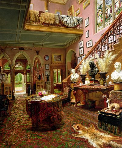 カントリーハウスのホールと階段、1888年 作： Jonathan Pratt