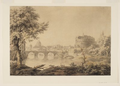 サン・ピエトロとサンタンジェロ城のあるローマの眺め 1758年頃（紙に黒鉛、ペン、インク、水彩絵具 作： Jonathan Skelton