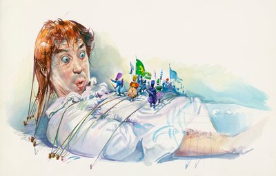 Lemuel Gulliver capturado por liliputianos, de As Viagens de Gulliver, romance de Jonathan Swift (1667-1745), desenhando 作： Jonathan Swift