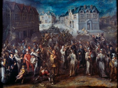 カトリックとプロテスタントの宗教戦争。「1590年または1593年の同盟の行列」。ヨース・ファン・ウィンゲ（1544-1603）による絵画（オランダ 作： Joos or Jodocus van Winghe