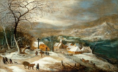 村のそばの道路上の人物のいる冬の風景、 作： Joos or Josse de Momper