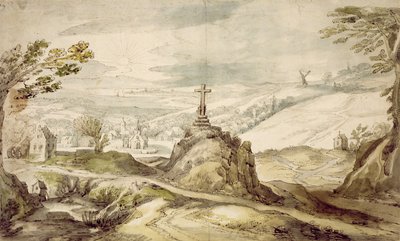 十字架のある山岳風景（紙にペン、ウォッシュ、トイレ） 作： Joos or Josse de Momper