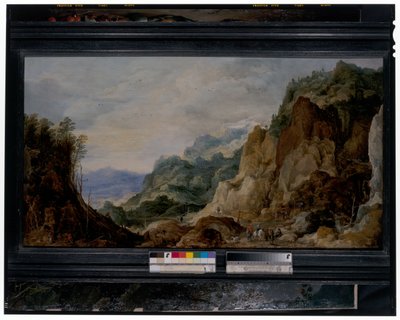 パノラマの山岳風景、貧しい人々に施しをする職人たち、その向こうに荷馬車 作： Joos or Josse de The Younger Momper