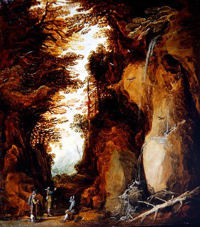 旅人のいるアルプスの風景」（油彩・パネル） 作： Joos or Josse de The Younger Momper