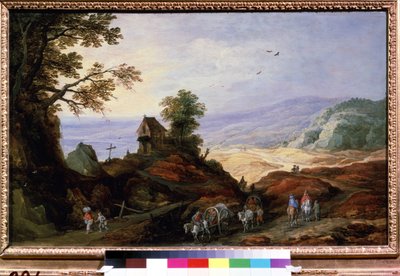 丘の上のチャペルのある風景。 鋤に乗った農民が道を歩く。 Joos de Momper Le Jeune (1564-1635) による絵画、1608-1610 年頃。 フランダースの芸術。 木に油彩。 プーシキ美術館 作： Joos or Josse de The Younger Momper