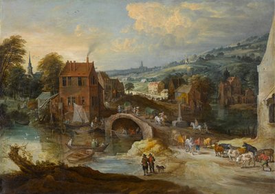 橋のある村の風景、1620年代頃（キャンバスに油彩） 作： Joos or Josse de The Younger Momper