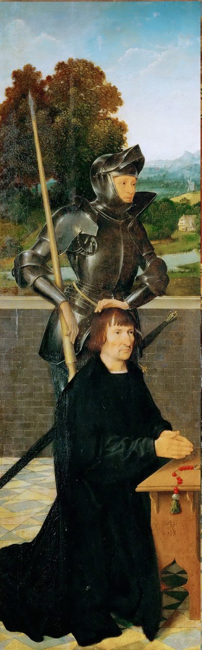 初期ネーデルランド美術：聖ゲオルギウスとドナー（翼のある祭壇、左パネル） par Cleve, Joos van (ca. 1485-1540), ca. 1530.木に油彩、94,5x30。ヴィエンヌの美術史博物館 作： Joos van Cleve
