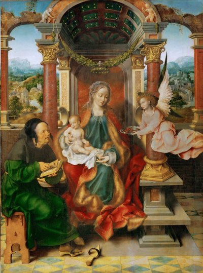初期ネーデルランド美術：聖ヨセフを抱く聖母子（翼のある祭壇、中央パネル） par Cleve, Joos van (ca. 1485-1540), ca. 1530.木に油彩、94,5x70。美術史博物館、ヴィエンヌ 作： Joos van Cleve