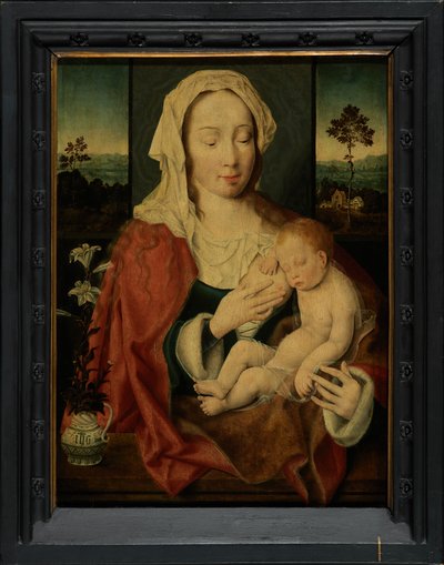 眠っている赤ん坊のイエスと聖母マリア（パネルに油彩） 作： Joos van Cleve