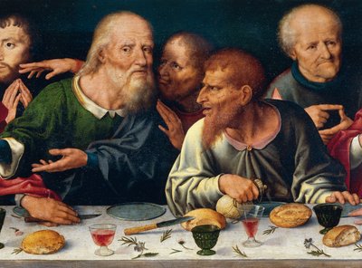 最後の晩餐、ユダと他の使徒たち、ヨース・ヴァン・クレーヴ（1485-1540頃）、イタリア・ジェノバのフラティ・ミノーリ教会の祭壇画 作： Joos van Cleve