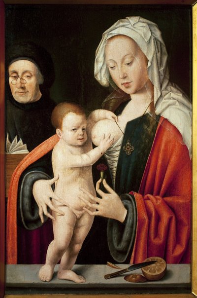 聖母と子供とドナー。ヨース・ファン・クレーヴ（1485-1540）の絵画、木に油彩。フランドル美術 16世紀マルセイユ、グロベ・ラバディ美術館。 作： Joos van Cleve