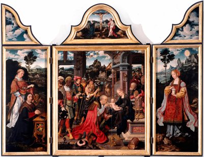 Magiの崇拝のトリプティック。若き日のヨース・ファン・クレーヴ（1485-1540）による木の絵 1515年 薄暗い。260x200 cm ゲネス、サン・ドナート教会 作： Joos van Cleve
