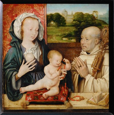 聖母子とクレルヴォーの聖ベルナルド。背景はクリュニー修道院。 作： Joos van Cleve